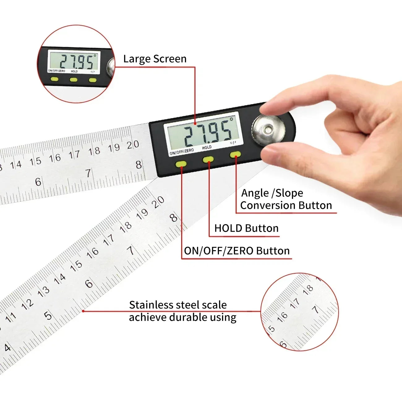 SHANHR 200 mm/300 mm Digital Angle Ruler Stainless Steel Electronic Angle Meter Electronic Protractor Goniometer Angle Gauge