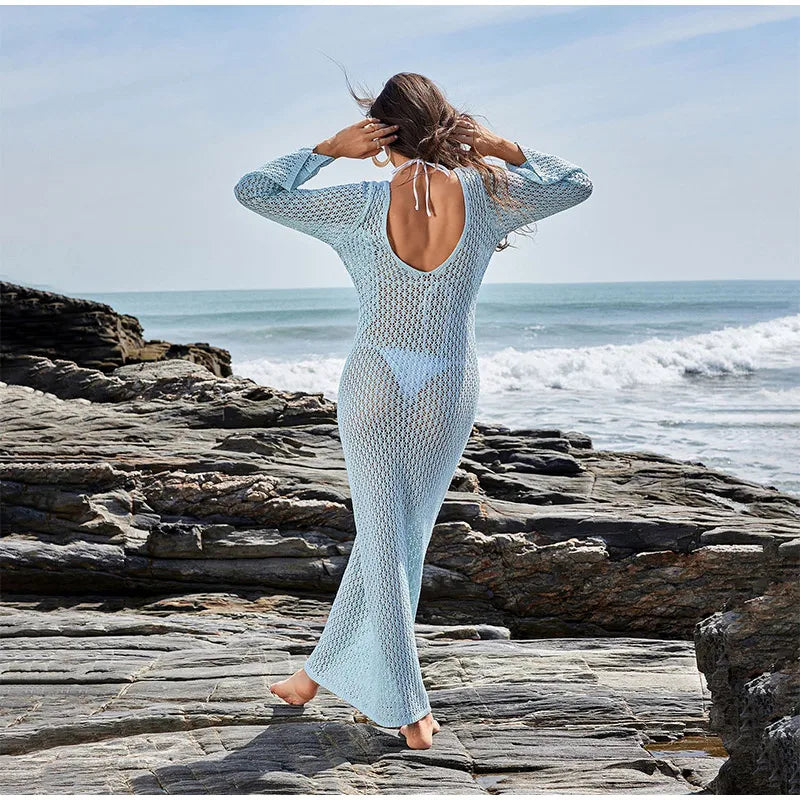 Sexy Hollow Out Knitted Dress Women Metal Ring Long Flare Sleeve Split Solid Maxi Dress Female 2025 V-neck Slim Lady Party Robes