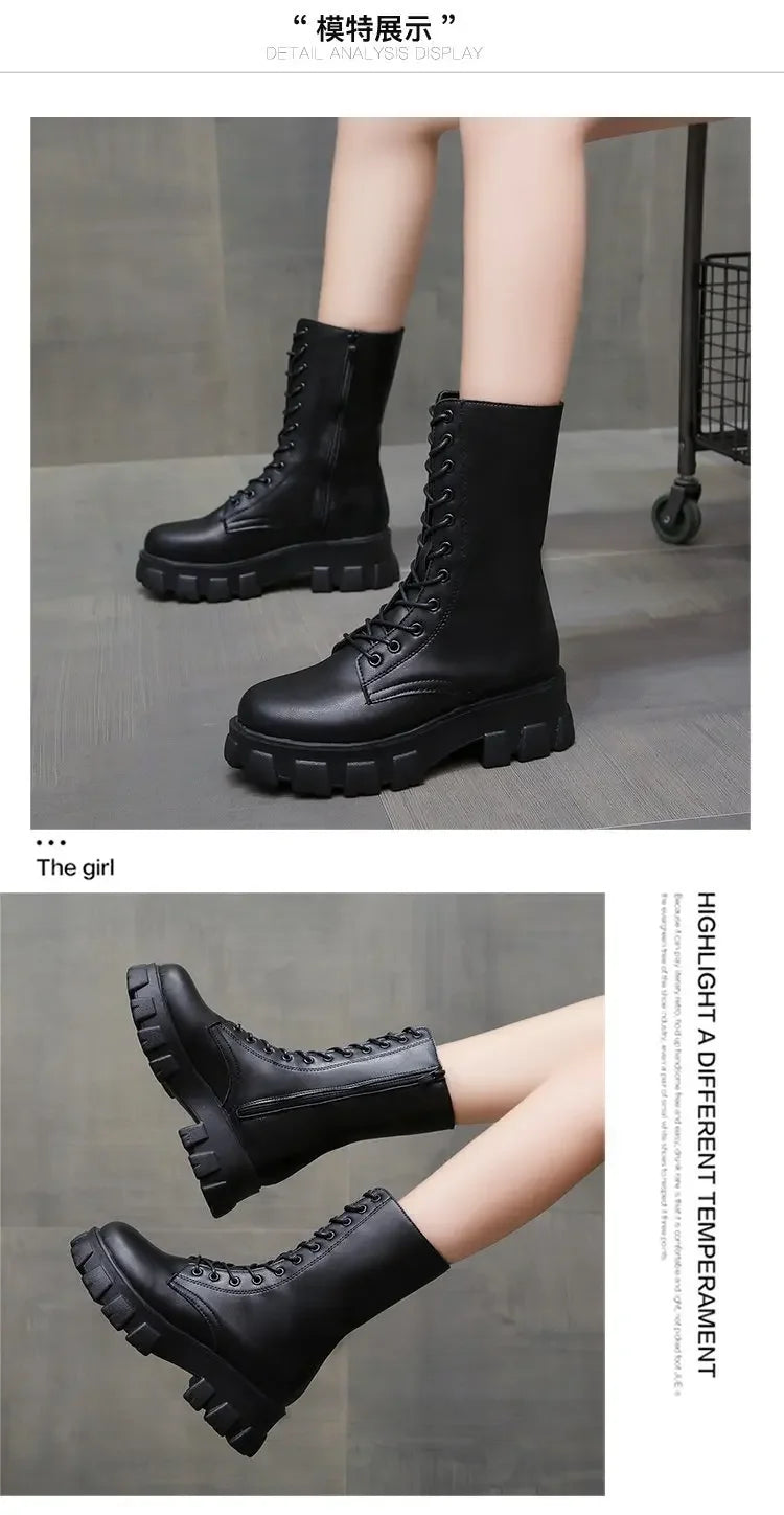 2024 Winter Shoes Women White Boots Autumn Fashion PU Leather Platform Gothic Boots Punk Combat Mid-Calf Boots For Women Booties