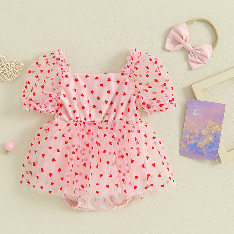 2Pcs Newborn Girl Romper Dress Valentine's Day Outfit Short Puff Sleeve Heart Print A-line Rompers with Bowknot Headband Clothes