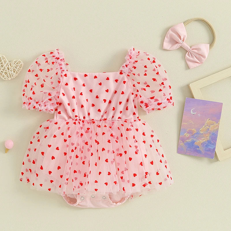 2Pcs Newborn Girl Romper Dress Valentine's Day Outfit Short Puff Sleeve Heart Print A-line Rompers with Bowknot Headband Clothes