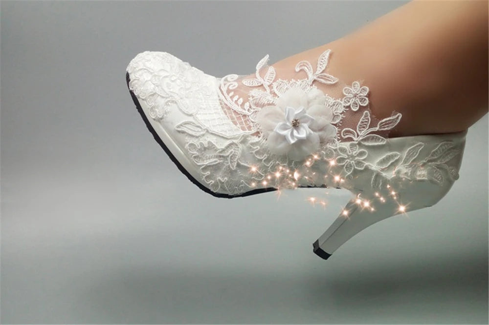 Spring new round-toe waterproof platform lace rhinestone low-heel wedding shoes thin high-heeled dress large-size women's shoes