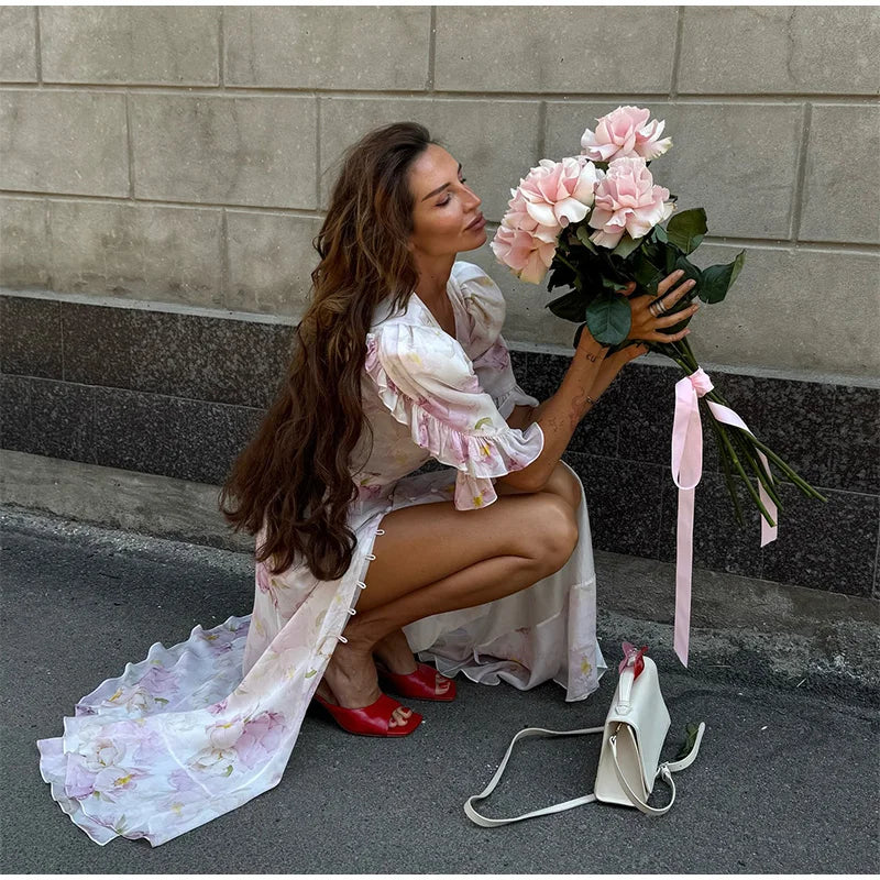 Elegant Printed Maxi Dress Women Half Sleeve V-Neck Button Waist-Closed Hip Package Ruffle Dresses 2026 Spring Summer Lady Robe