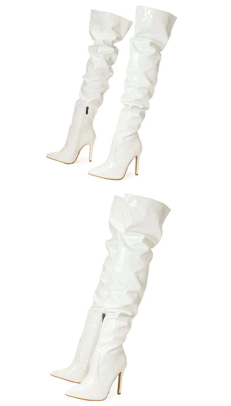 Eilyken High Quality Pleated Patent Leather Motorcycle Over The Knee Boots Women Fashion Pointed Toe Zip Thigh High Lady Shoes