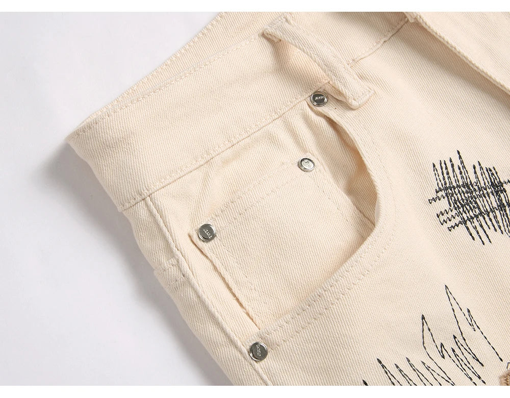 Men's Slim Boot Cut Denim Jeans Streetwear Embroidery Patches Pants Khaki Flared Trousers