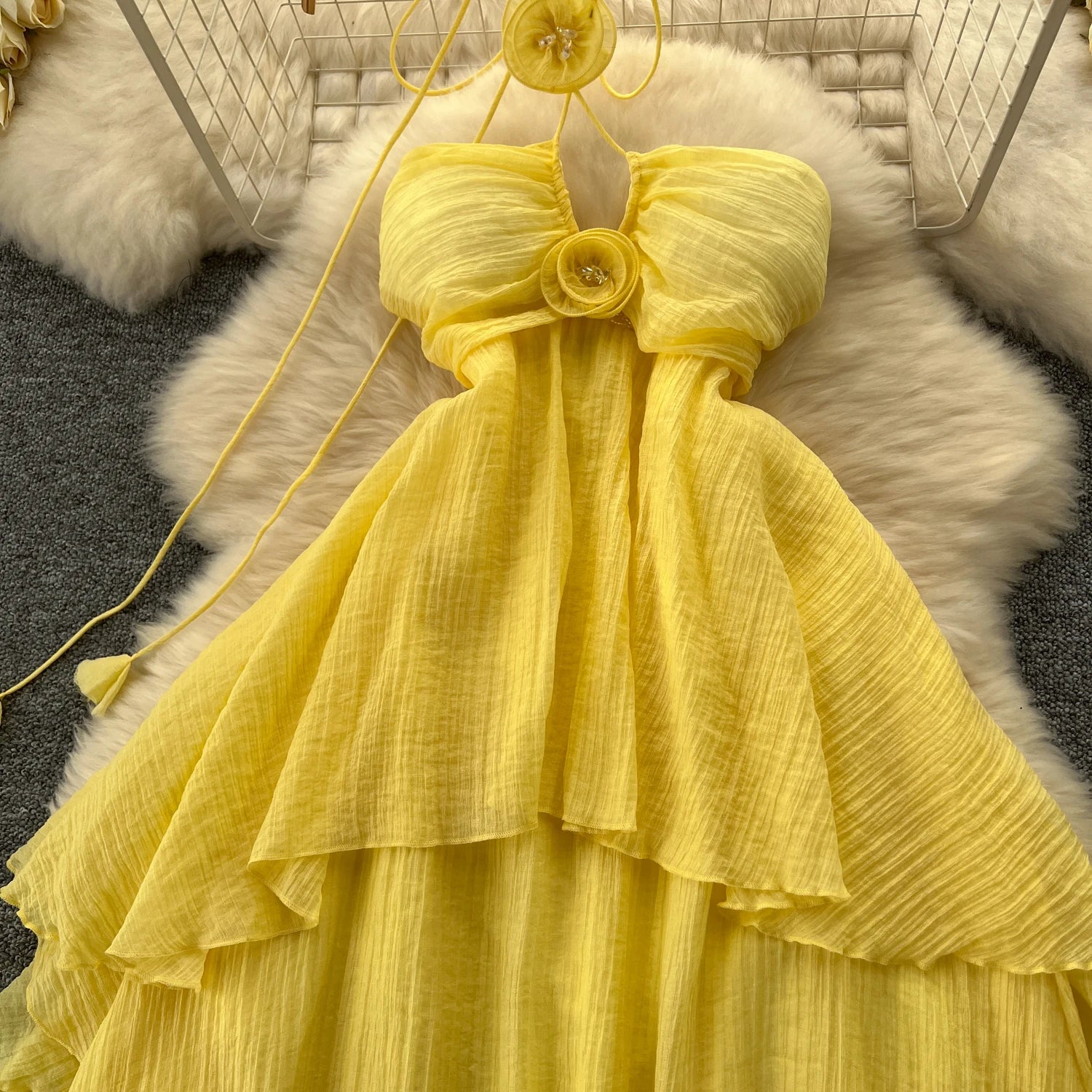 Elegant Sweet High Waist Hollow Out Asymmetric Three-dimensional Flower Halter Dress Vacation Slim Women Party Summer Dresses