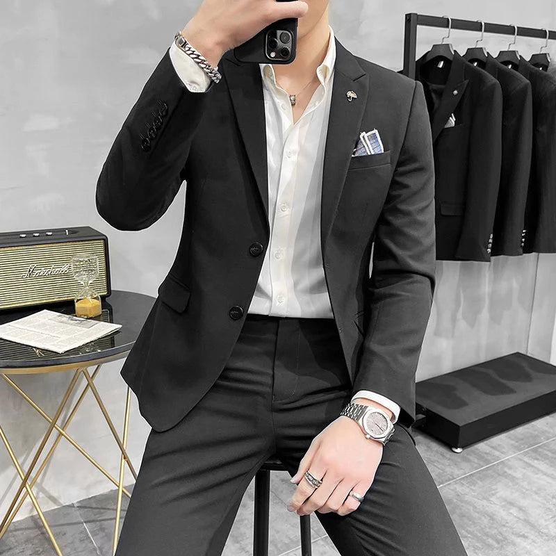 ( Blazer + Pants ) High End Brand Plaid Men's Casual Formal Office Business Suit Groom Wedding Dress Slim Suit Jacket Trousers