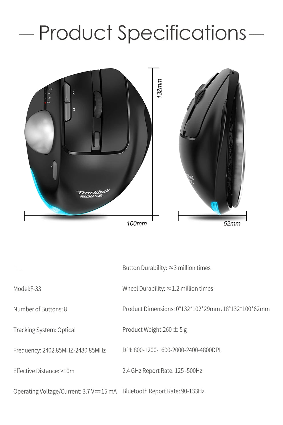 Wireless Bluetooth Trackball Mouse 2.4G RGB Ergonomic Rechargeable Rollerball Mice 3 Device Connection Thumb Control for PC iPad