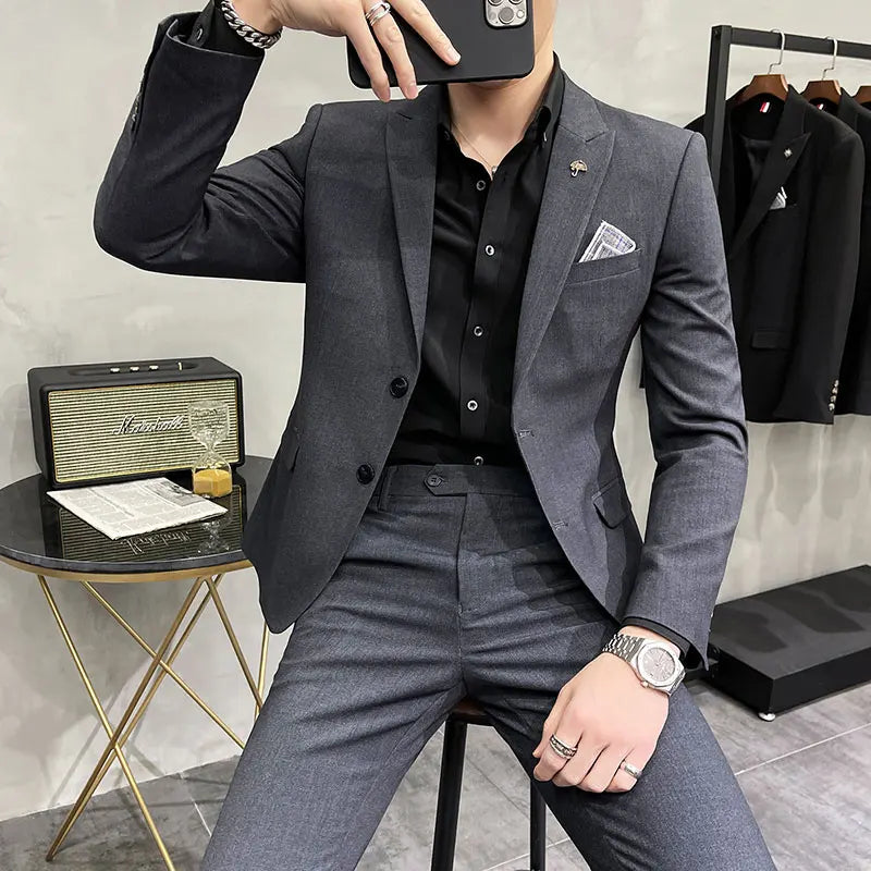 ( Blazer + Pants ) High End Brand Plaid Men's Casual Formal Office Business Suit Groom Wedding Dress Slim Suit Jacket Trousers