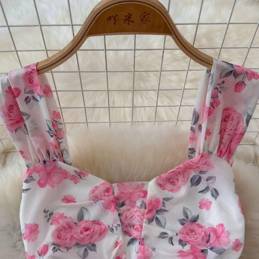 SsTss Summer Sweet Pink Floral Print Mesh Bodycon Dress for Women Elegant Square Neck Sleeveless Slim Ruched Ruffles Party Dress