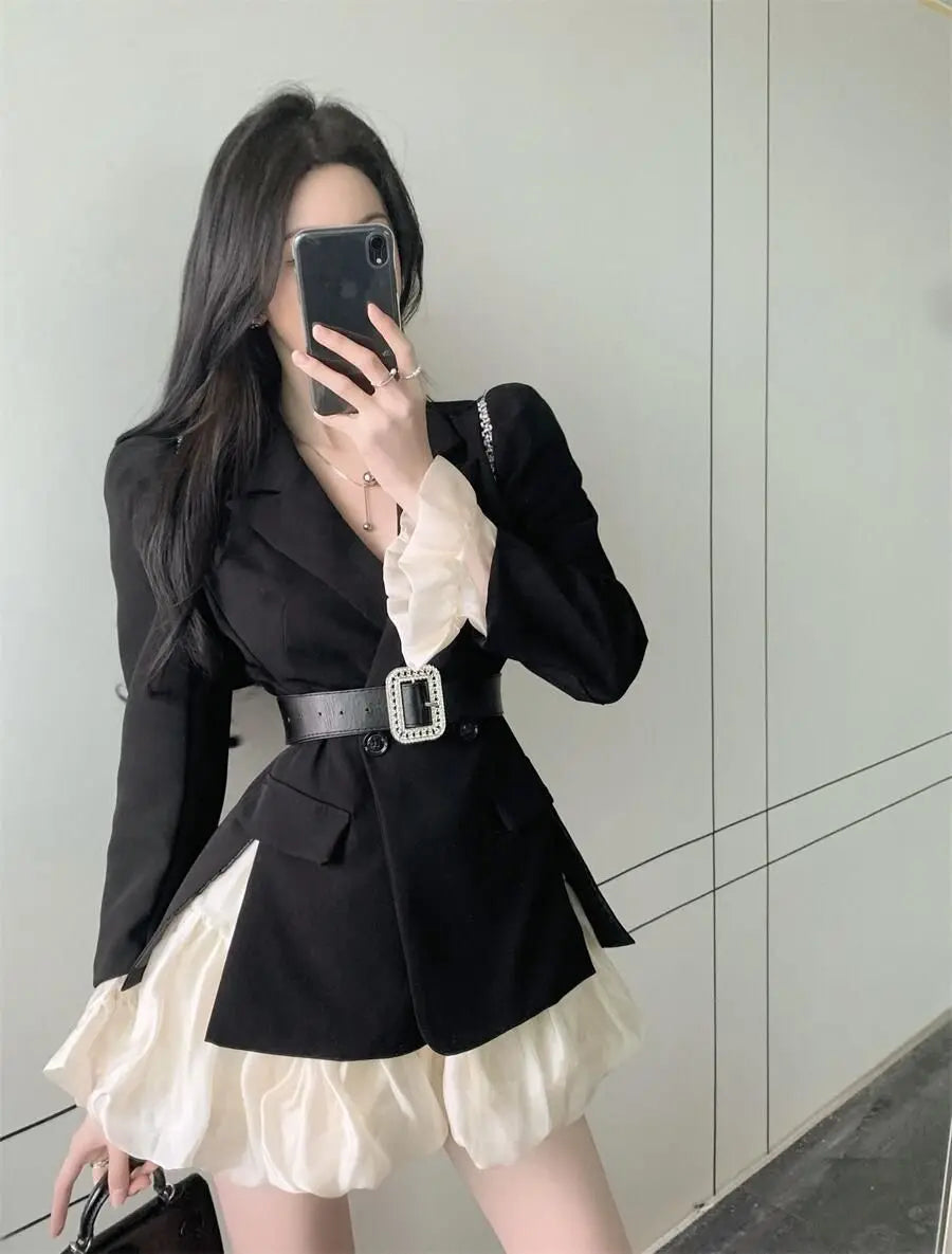 Neploe Temperament Lace Up Waist Slim Dress Sets High Waist Ruffle Edge Patched Sleeves Ropa Mujer Sexy Feminino Chic Women Sets