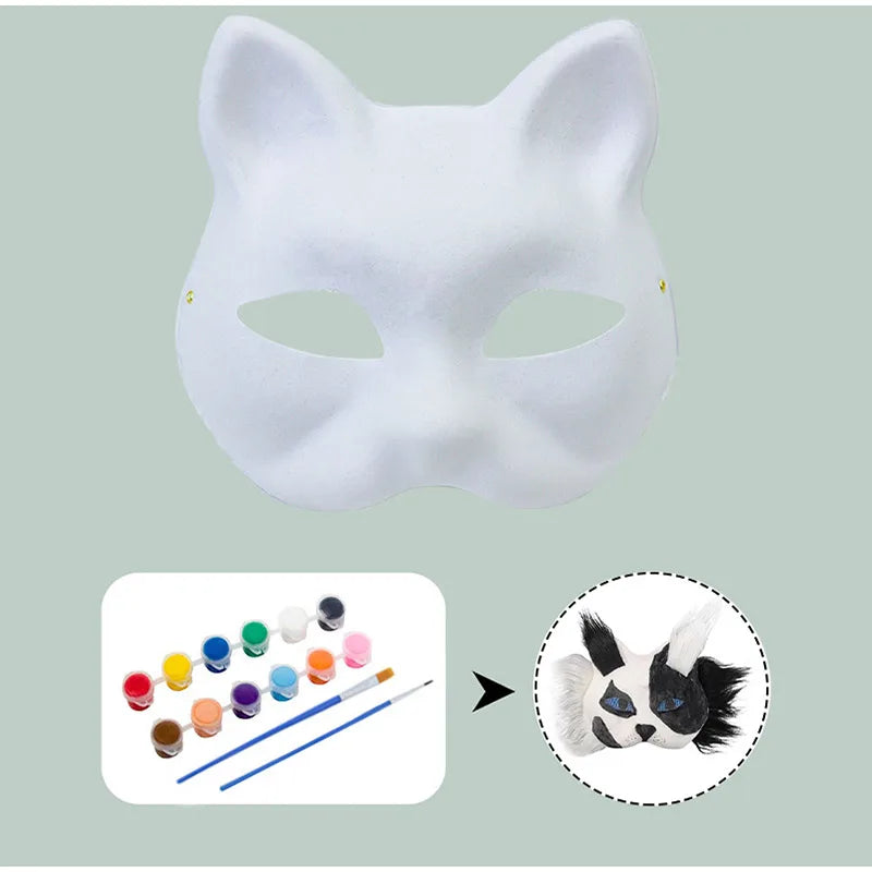 Therian Mask Set Blank Mask Half Face Hand Drawn Animal Cat Fox Mask DIY Handmade Graffiti Half Face Mask Party Christmas Gifts