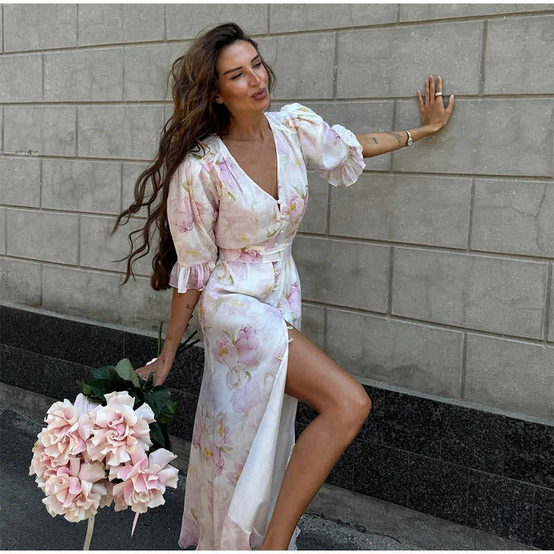 Elegant Printed Maxi Dress Women Half Sleeve V-Neck Button Waist-Closed Hip Package Ruffle Dresses 2026 Spring Summer Lady Robe