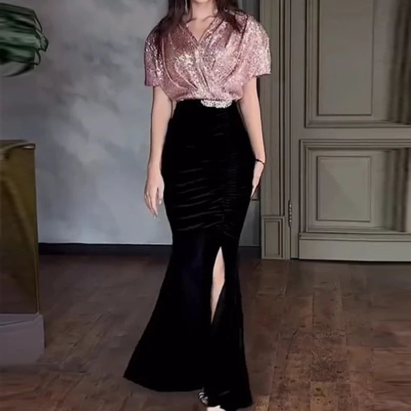 Sexy Elegant Sequin Velvet Slimming Party Dresses Women V Neck Sparkling Ball Gathering Club Split Long Dress Women Clothing
