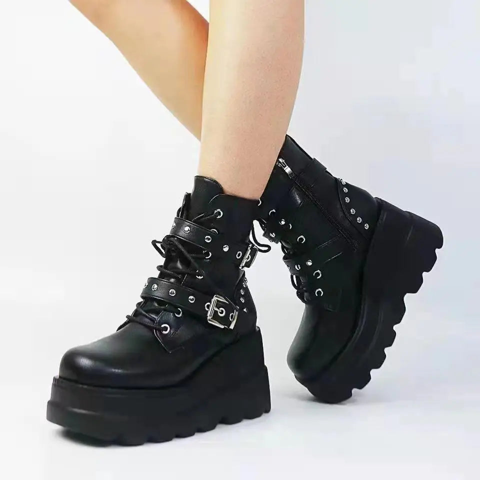 2025 Ankle Boots Platform Wedge Super High Heel Gothic Metal Heart Female Pumps Autumn Ladies Belt Round Toe Lolita Punk Shoe