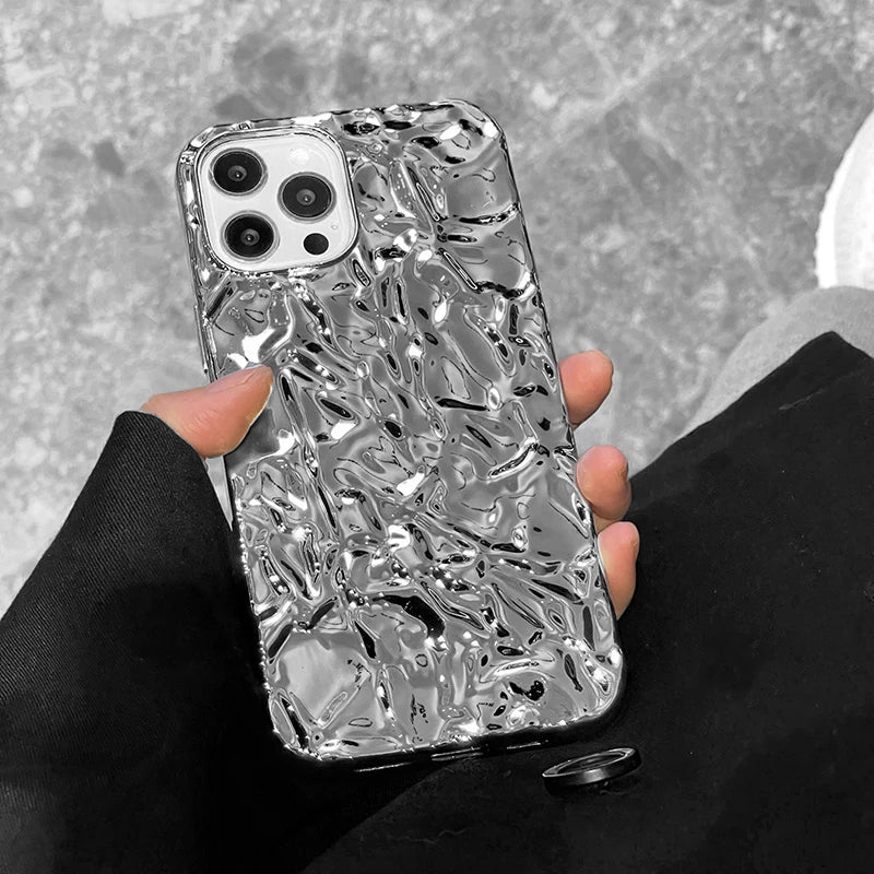 Plating Metal Color Silver Tin Foil Pleats Case For iPhone 14 13 12 11 15 16 17 Pro Max Air Mini XS XR Plus Silicone Phone Case