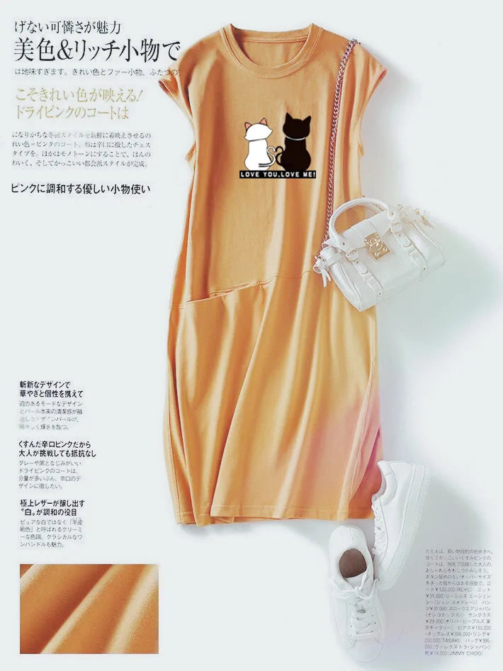 Women Summer Kawaii Cat Print Dress Korean Fashion Aesthetic Clothes Casual Streetwear Black Loose Midi Dresses for Women 2023