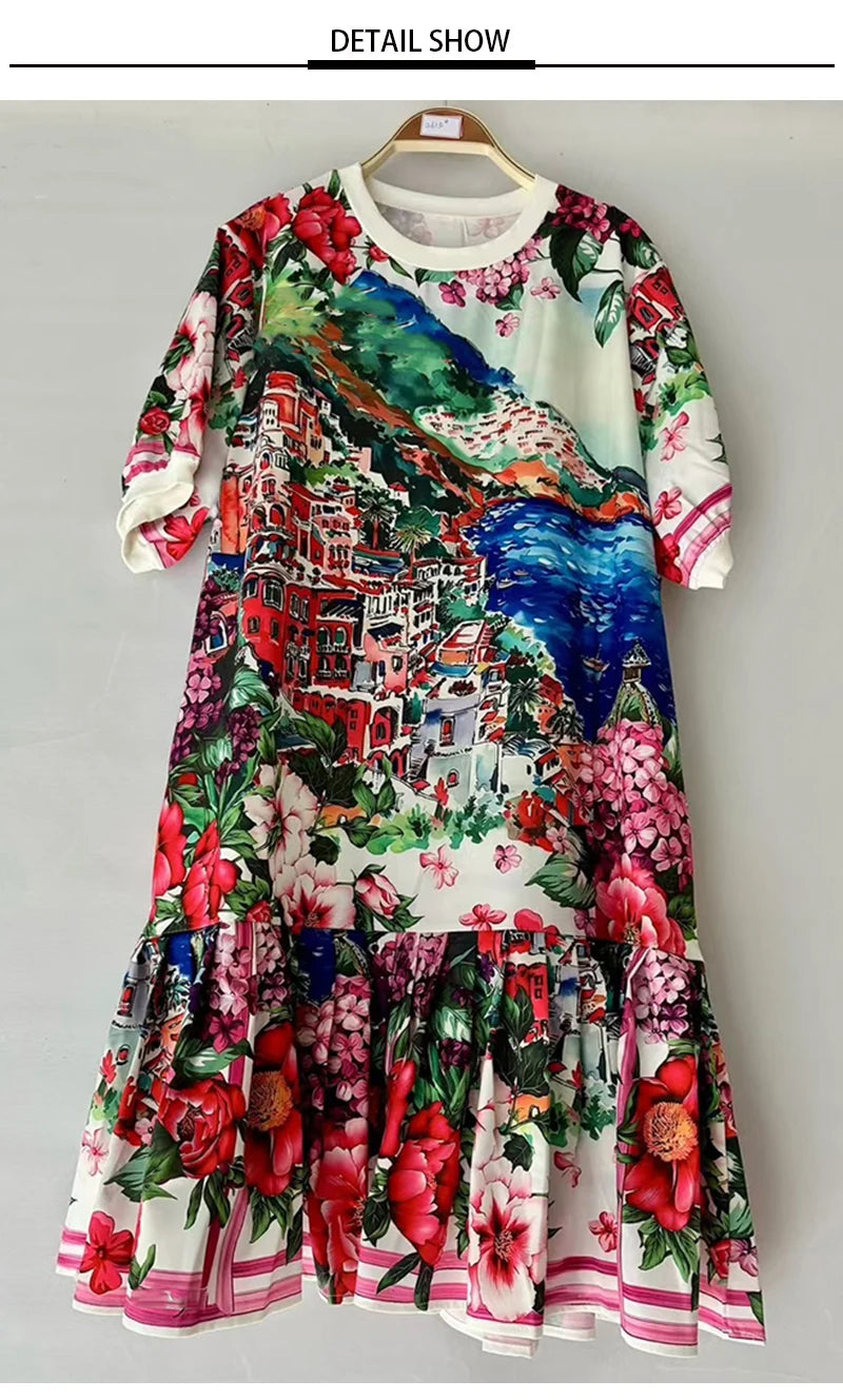 Fashion elegant geometric printing short sleeve loose dress Summer women's new temperament casual short straight skirt