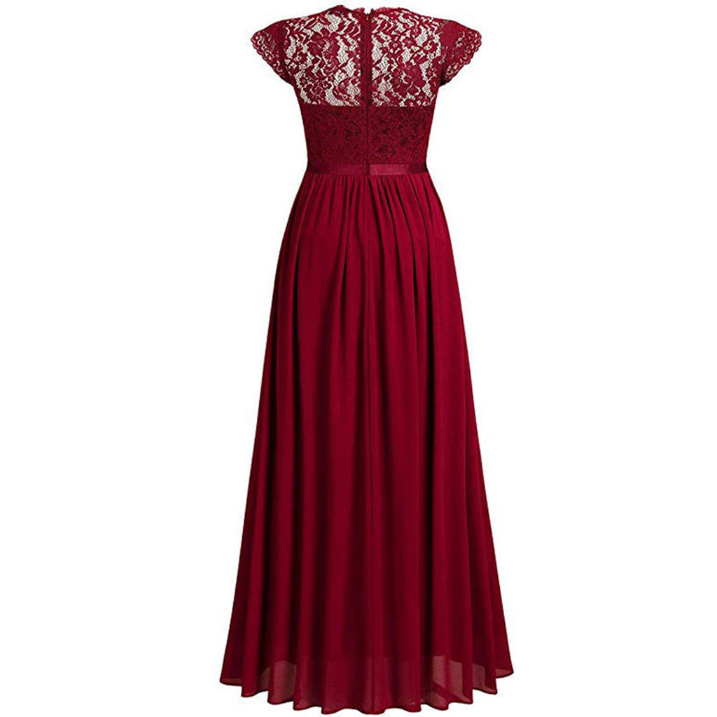 Elegant Lace Evening Party Dress Women V-neck Short Sleeve Chiffon Dress Ladies Big Swing Wedding Long Dress Vestidos de Festa