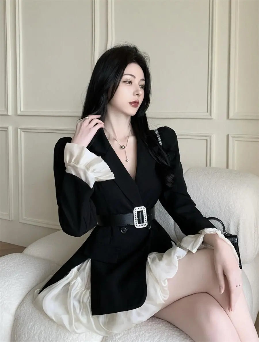 Neploe Temperament Lace Up Waist Slim Dress Sets High Waist Ruffle Edge Patched Sleeves Ropa Mujer Sexy Feminino Chic Women Sets