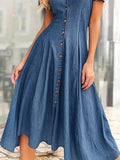 V-neck Single Breasted Denim Shirt Dress for Women Harajuku Summer Party Long Dresses Elegant Short-sleeved Slim-fit Denim Dress