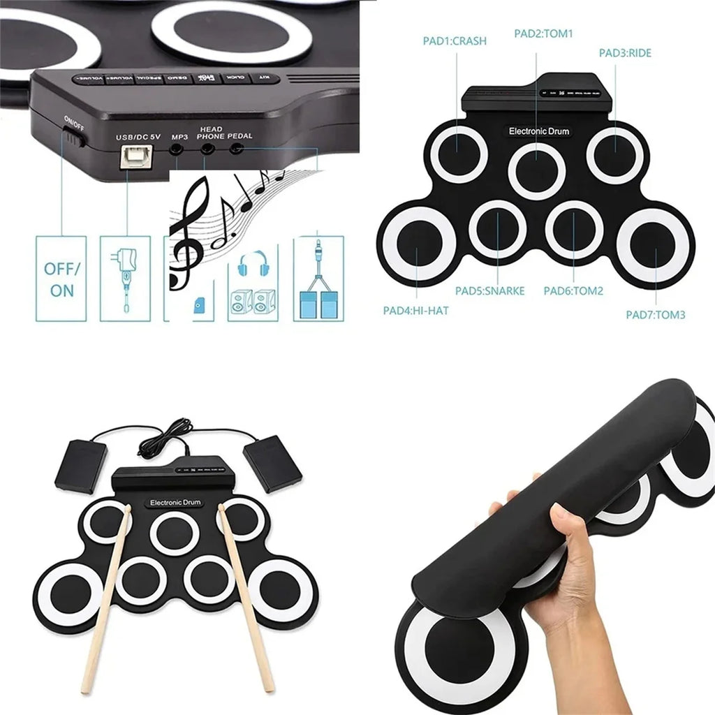 2022New Folding Silicone Hand Roll USB Electronic Drum Portable Practice Drums Pad Kit With Drumsticks Sustain Pedal