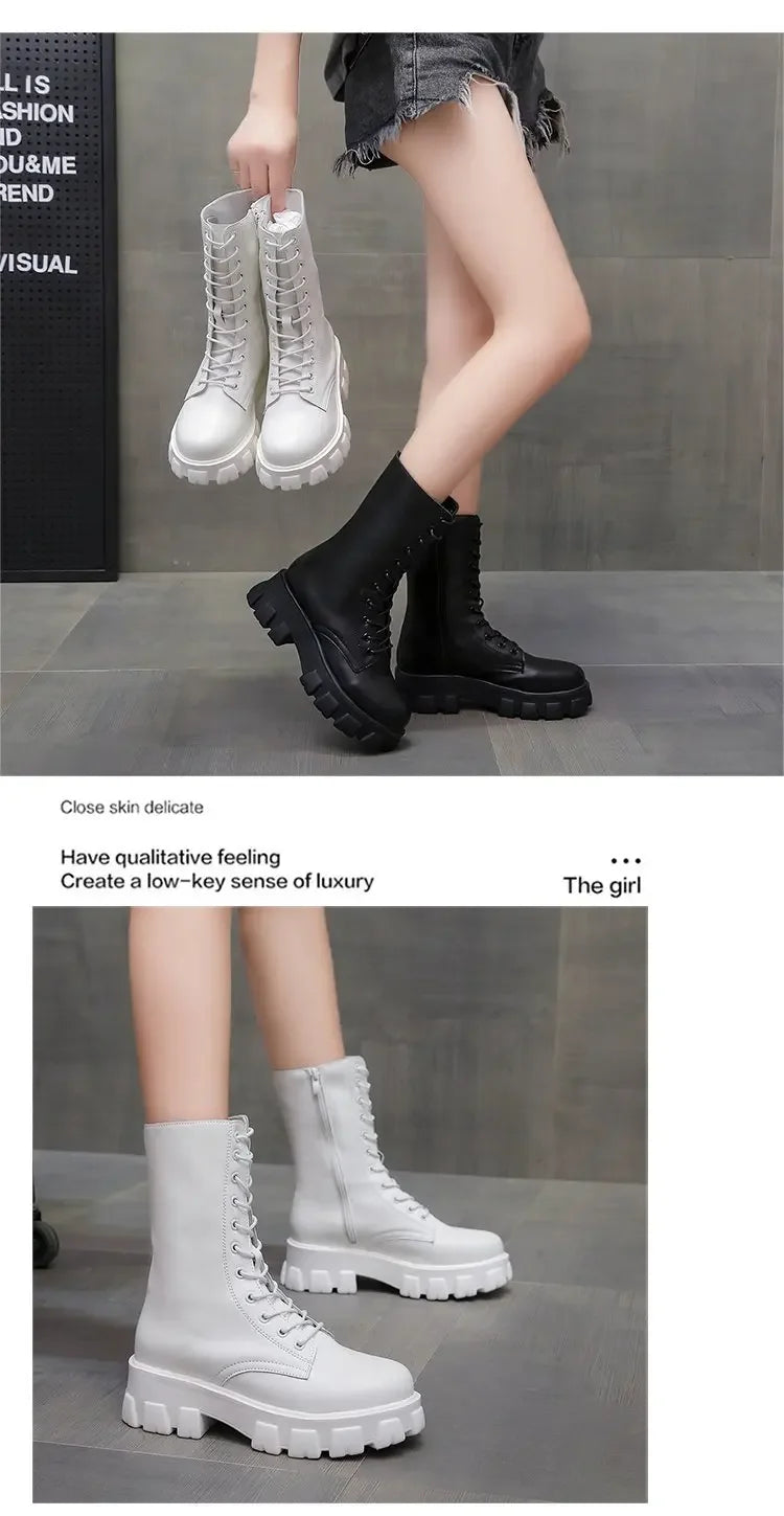 2024 Winter Shoes Women White Boots Autumn Fashion PU Leather Platform Gothic Boots Punk Combat Mid-Calf Boots For Women Booties
