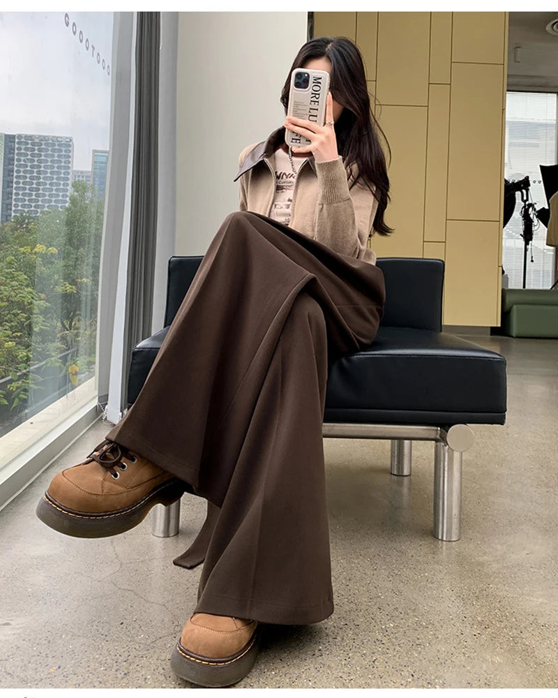 MEXZT Woolen Wide Leg Pants Women Fashion Lace Up Black Baggy Suit Pants Winter Streetwear Korean Casual Straight Trousers New