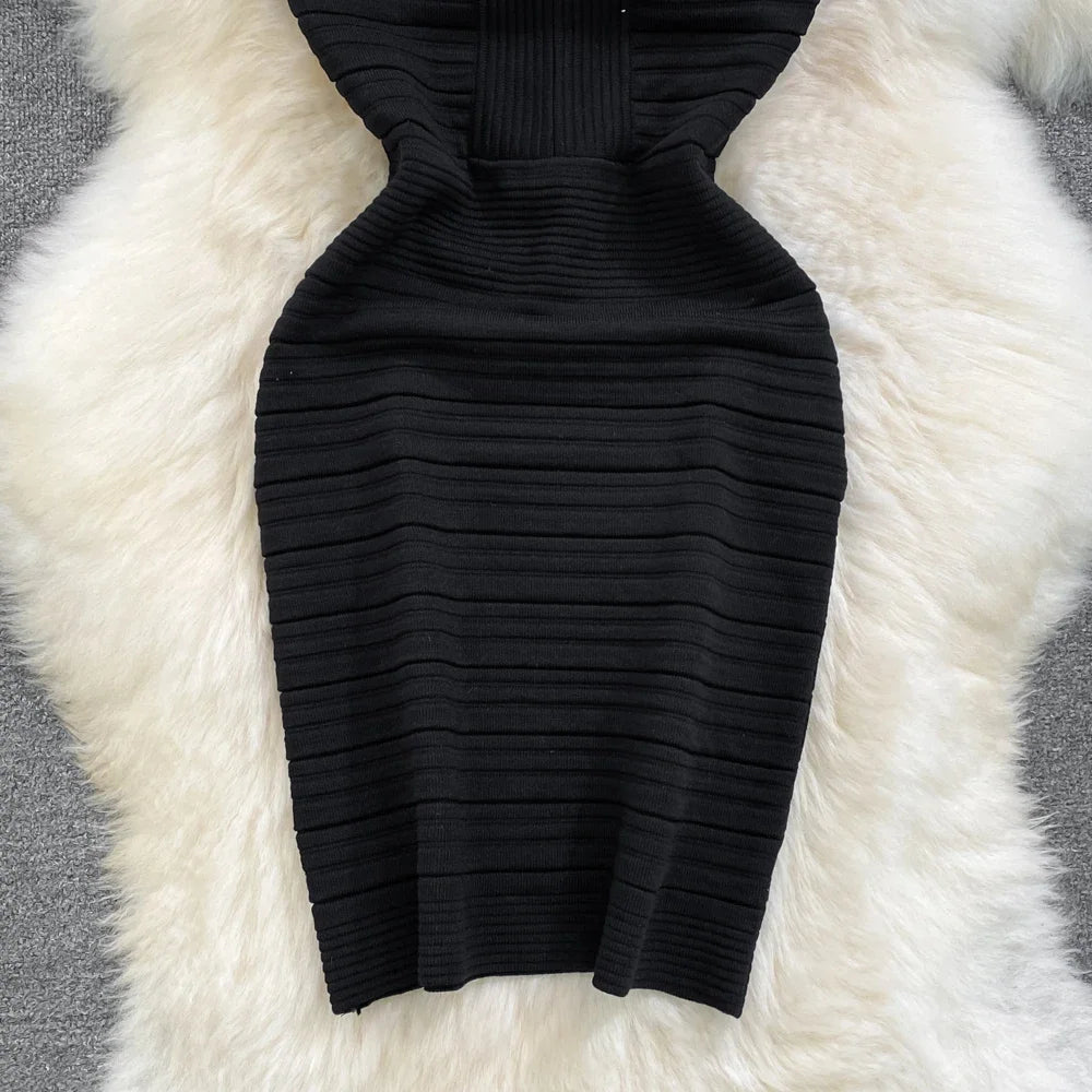 White/Black Sexy Summer Knit Strap Dress Women Tank V Neck Elatic Waist Bodycon Sundress Female Beach  Midi Dress