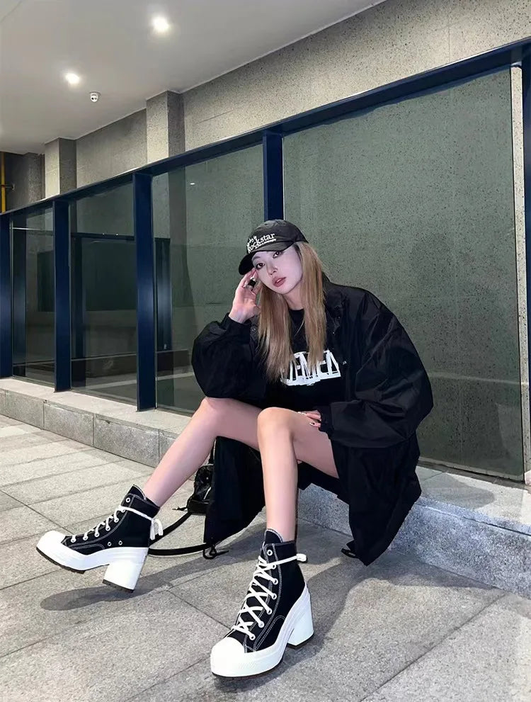 High Top Canvas Shoes Women Thick Platform Sneakers Ladies 7CM Chunk Heels 2024 Designer Street Style Lace-up Casual Shoes Mujer