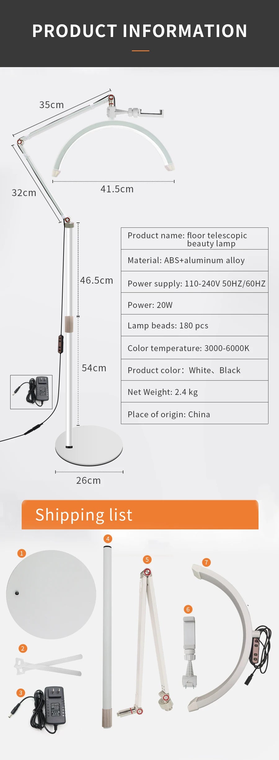 16 INCH LED Half Moon Lash Light Temperature 20W 3000K-6000K LED Ring Lamp for Beauty Facials Skincare Tattoo Eyebrows Filming