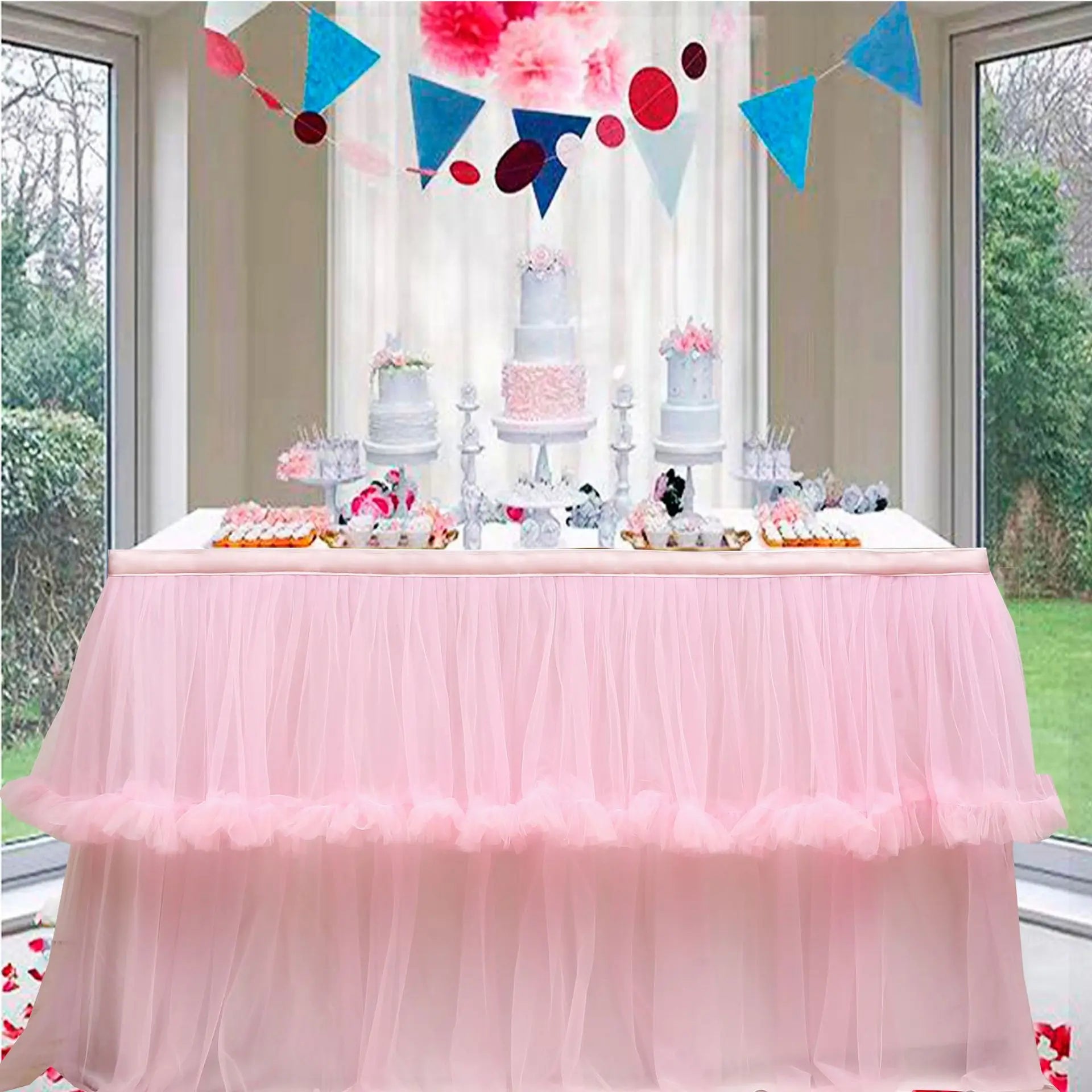Wedding Tulle Table Skirt 6FT/9FT Purple Pink White Mesh Dining Table Decoration Table Cover For Wedding Reception Banquet