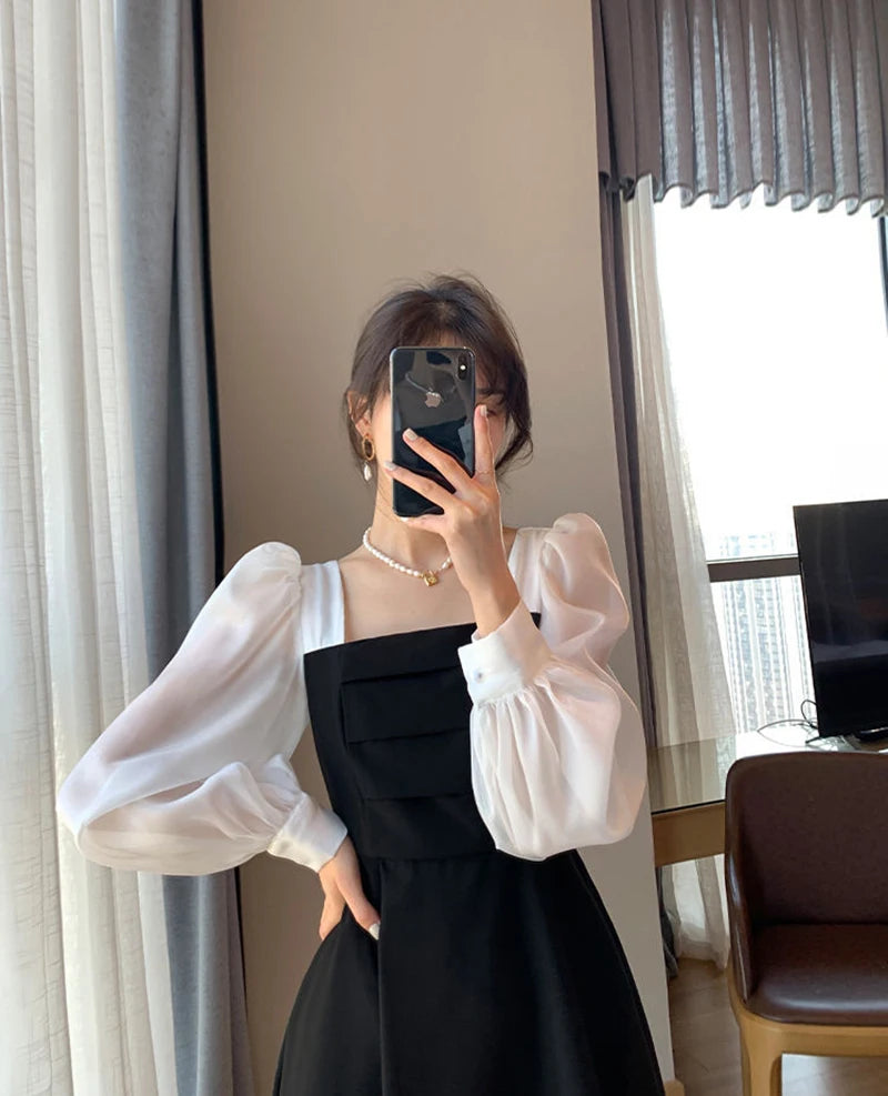 Korean Black Dress Women Elegant Fashion Summer Office Ladies High Waist Dress Chiffon Patchwork Square Collar A Line Vestidos