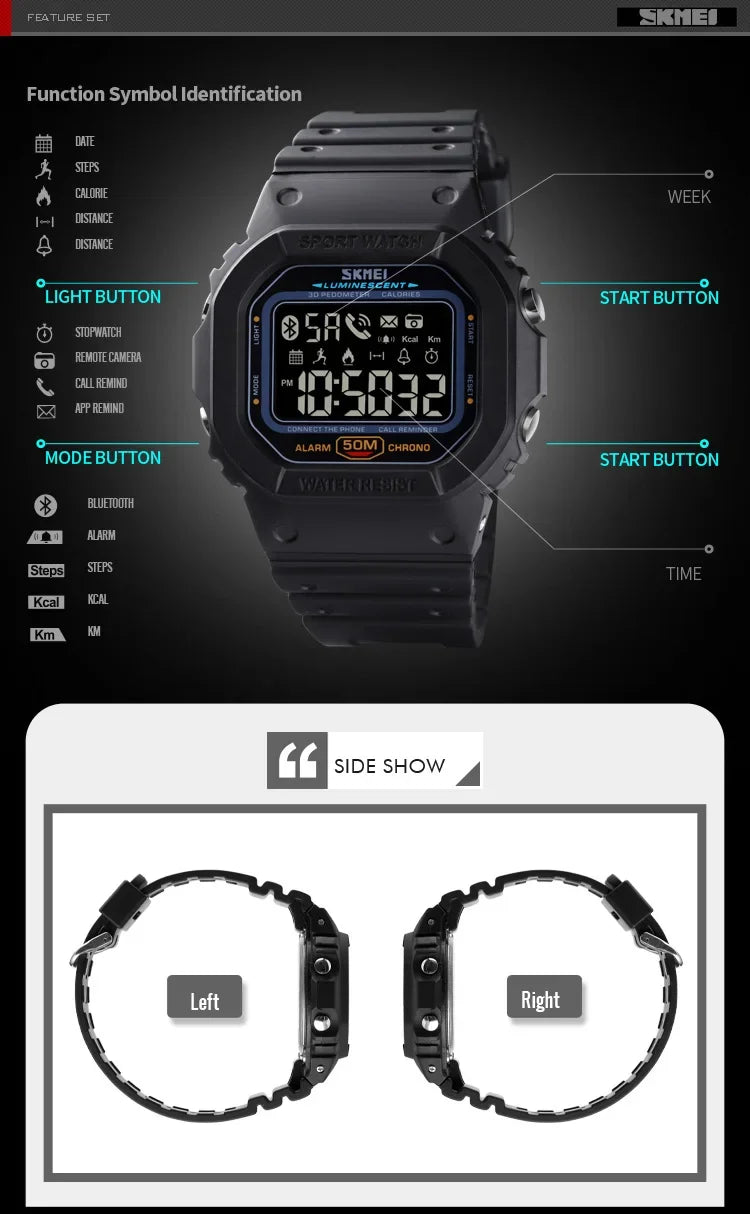 SKMEI Pedometer Calorie Tracker For Iphone Huawei Xiaomi Male relogio Mens Bluetooth Wristwatches 1629 Sport Digital Watch