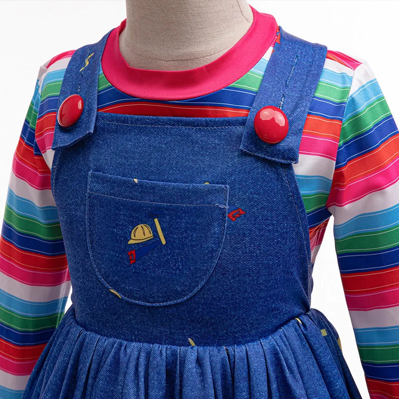 Girls' Long sleeved Rainbow stripes Denim overalls Dress jumpsuit Children's Casual two-piece Set Halloween cosplay Skirt 1-8