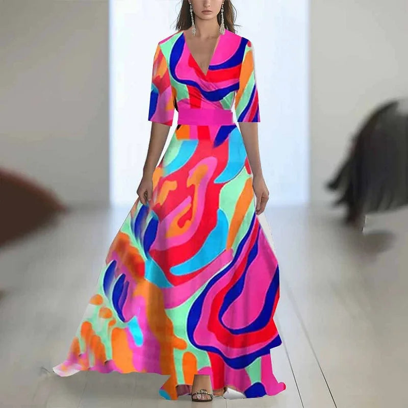 Robes Woman Elegant Floral Print Patchwork Maxi Dress Sexy V Neck High Waist Long Dress Spring Puff Sleeves Loose Bohemian Dress