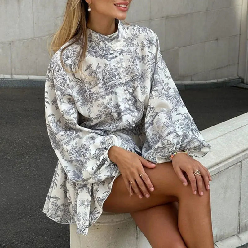 Vintage Printed Lace-Up Shirt Dress For Women Spring Summer Fashion Ruffled Pleated Long Sleeve High Street Women's Mini Dresses