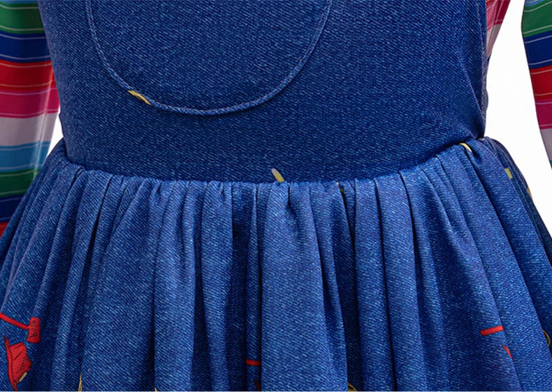 Girls' Long sleeved Rainbow stripes Denim overalls Dress jumpsuit Children's Casual two-piece Set Halloween cosplay Skirt 1-8