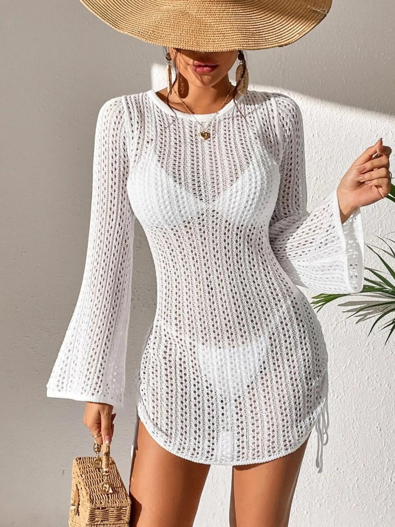 Women's New Spring, Summer and Autumn Cut Out Crochet Side Drawstring Blouse Dress (Bikini Not Included)