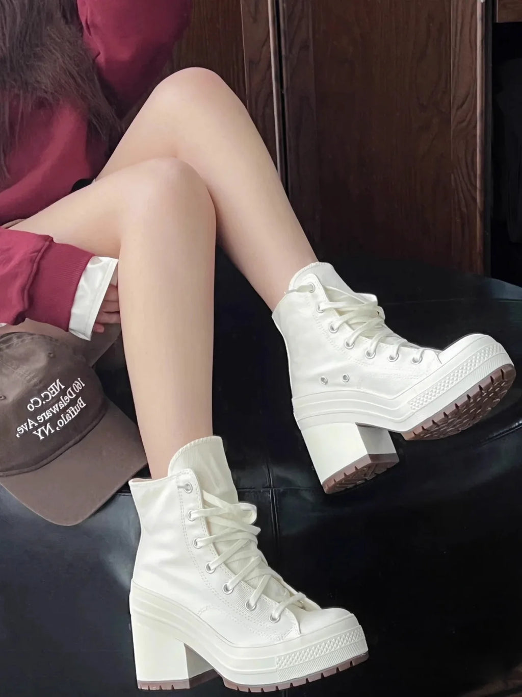 High Top Canvas Shoes Women Thick Platform Sneakers Ladies 7CM Chunk Heels 2024 Designer Street Style Lace-up Casual Shoes Mujer