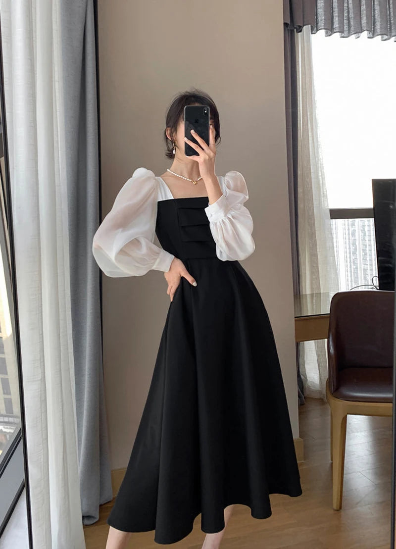 Korean Black Dress Women Elegant Fashion Summer Office Ladies High Waist Dress Chiffon Patchwork Square Collar A Line Vestidos