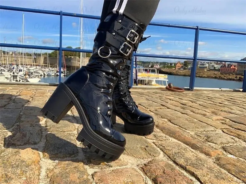 Onlymaker Women Black Platform Punk Boots Patent Leather Lace Up Mid Calf Chunky High Heels Side Zip  Motorcycle Boots