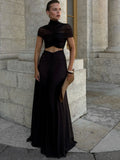 JULISSA MO Sexy Hollow Out Turtleneck Women Maxi Dress Coffee Short Sleeve See Through Mesh Bodycon Elegant Party Evening Dress
