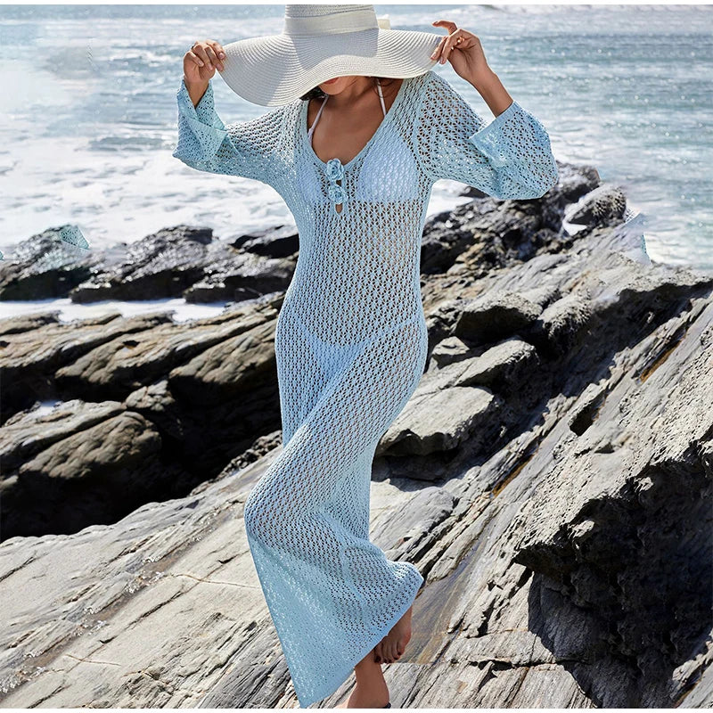 Sexy Hollow Out Knitted Dress Women Metal Ring Long Flare Sleeve Split Solid Maxi Dress Female 2025 V-neck Slim Lady Party Robes