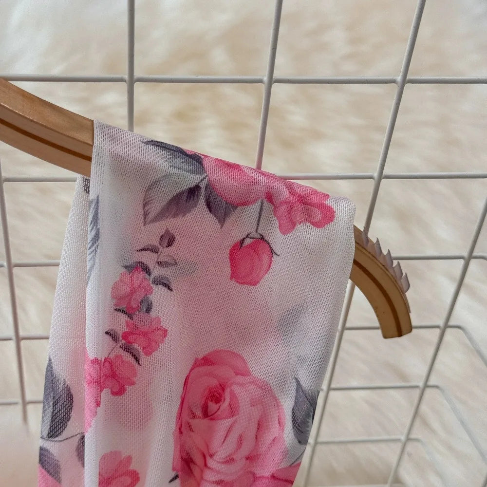 SsTss Summer Sweet Pink Floral Print Mesh Bodycon Dress for Women Elegant Square Neck Sleeveless Slim Ruched Ruffles Party Dress