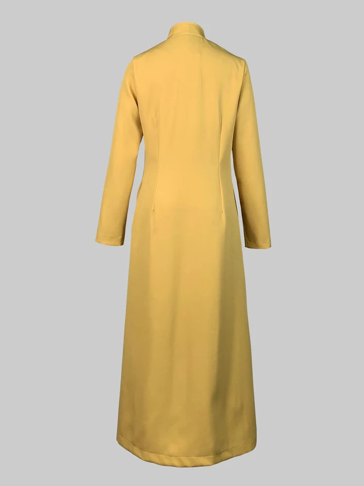 Solid Color Dress for Women 2025 Stand Collar Long Sleeves Single-breasted H-Line Midi Dress Autumn Fashion High Street Dress