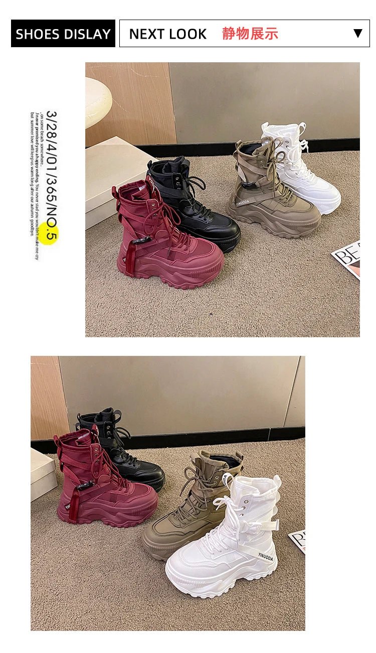 Women Ankle Boots Autumn Leather Chunky Shoes Woman High Platform Breathable Sneakers 8CM Thick Sole Wedges Motorcycles Boots