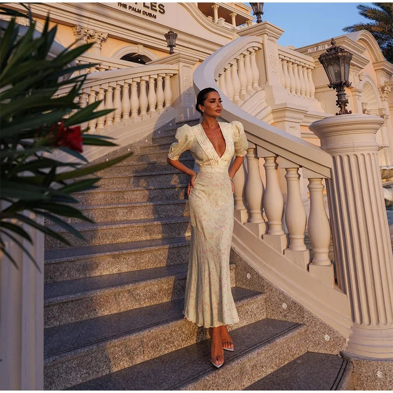 Elegant Printed Maxi Dress Women Half Sleeve V-Neck Button Waist-Closed Hip Package Ruffle Dresses 2026 Spring Summer Lady Robe
