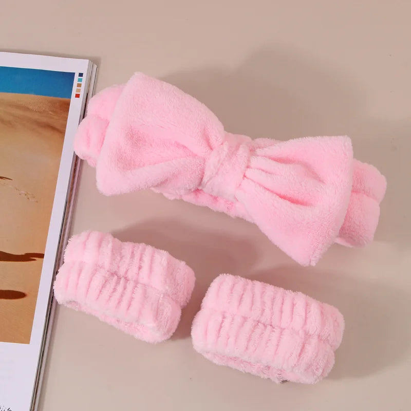 Spa Headband with Wrist Towels for Face Washing Set Elastic Bow Headbands with Highly Absorbent Wristbands for Shower Skincare