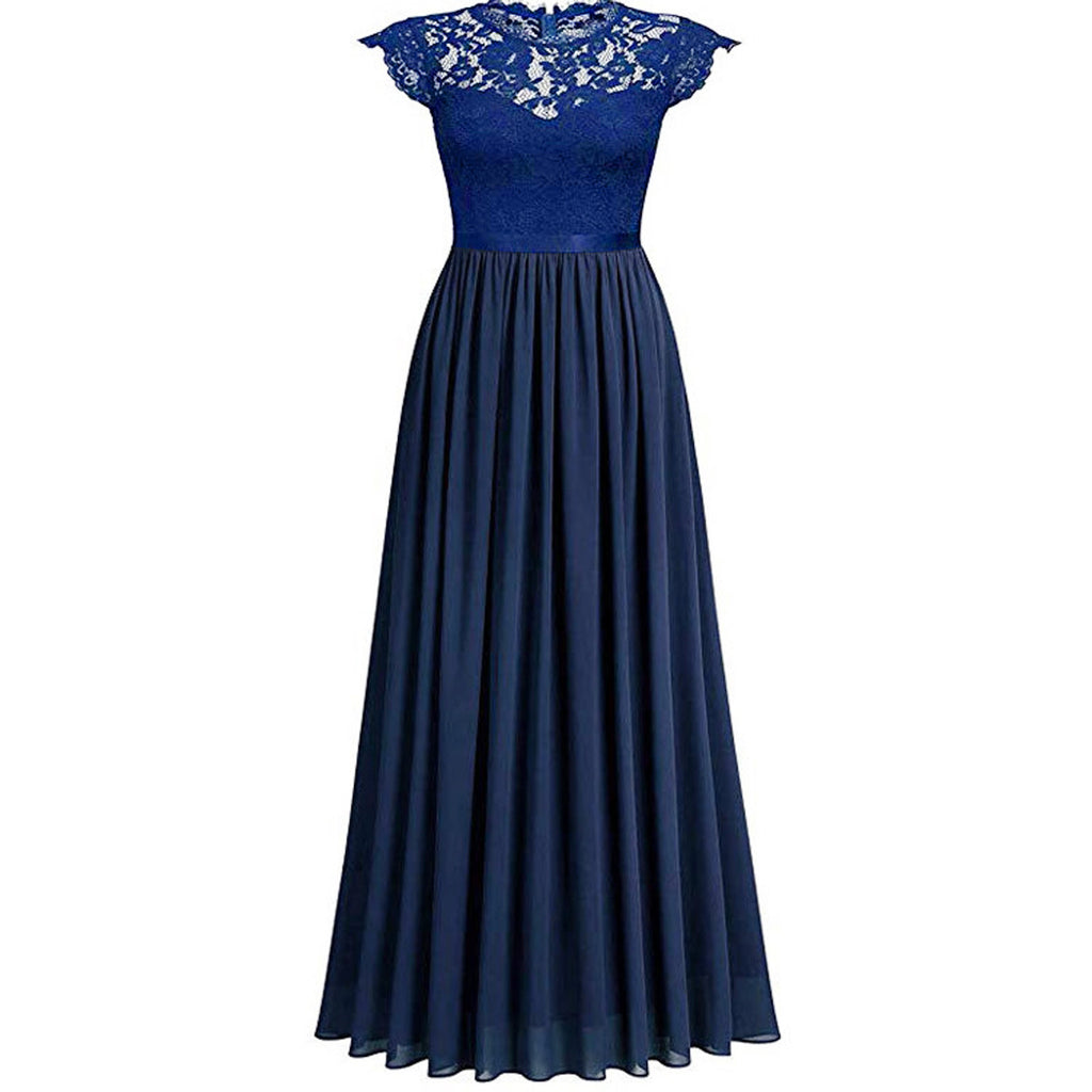 Elegant Lace Evening Party Dress Women V-neck Short Sleeve Chiffon Dress Ladies Big Swing Wedding Long Dress Vestidos de Festa